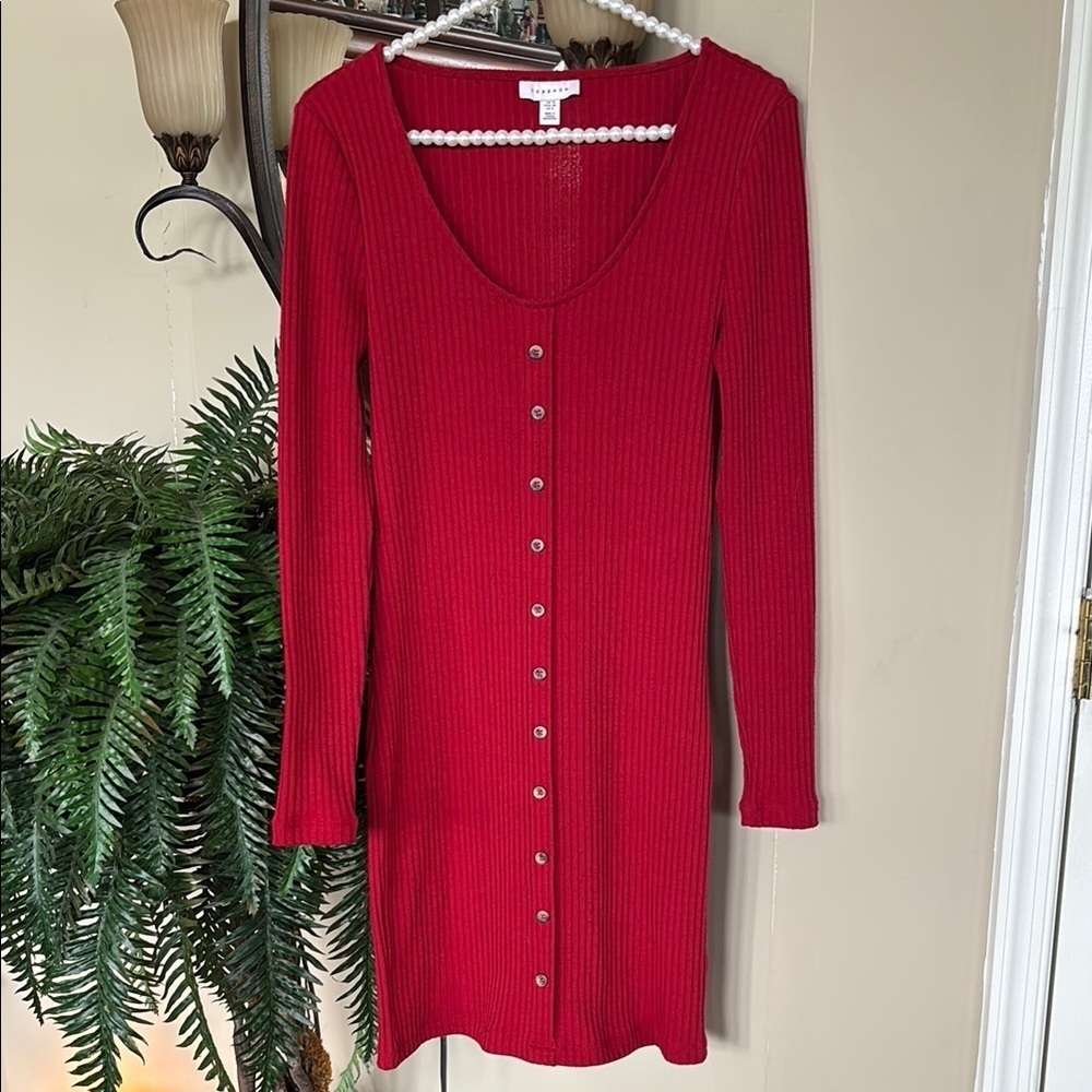 Topshop Red Ribbed Knit Long Sleeved Dress Button Down Sweater Stretch